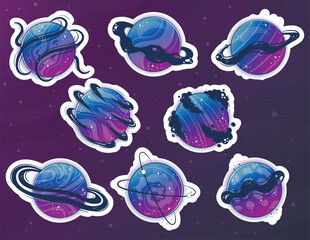 Print-ready sticker pack Fantastic alien planets, moons and moons, magical fantasy world, space objects in gradient colors with bubbles, rings for custom space game.