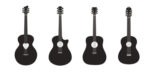 A set of classic acoustic guitars. Vector black guitars on white background. Black guitars with white strings. For music applications or music stores. 