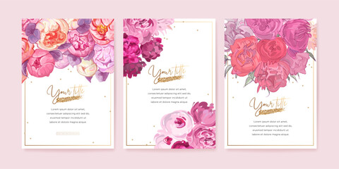 Set of beautiful floral banner, flyer, poster or greeting card template with hand drawn flowers and golden elements on white background. Vector illustration