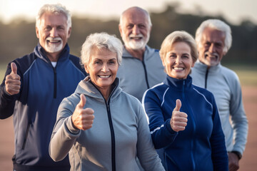 A good looking group of elderly dressed in a sportswear suits showing thumbs up - ai generative