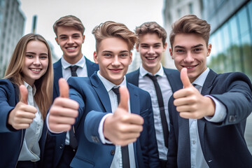 A good looking group of teenagers dressed in a elegant suits showing thumbs up - ai generative