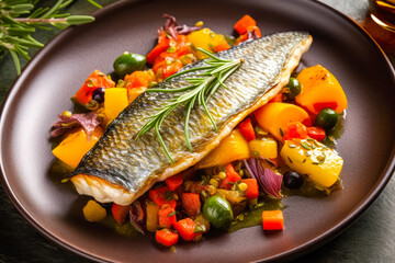 Tasty grilled dorada fish with vegetables and sauce on wooden background. Ai generated