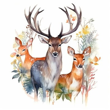 Watercolor reindeer Hand painted on white background. Deer Wildlife forest watercolor illustration. Generative AI