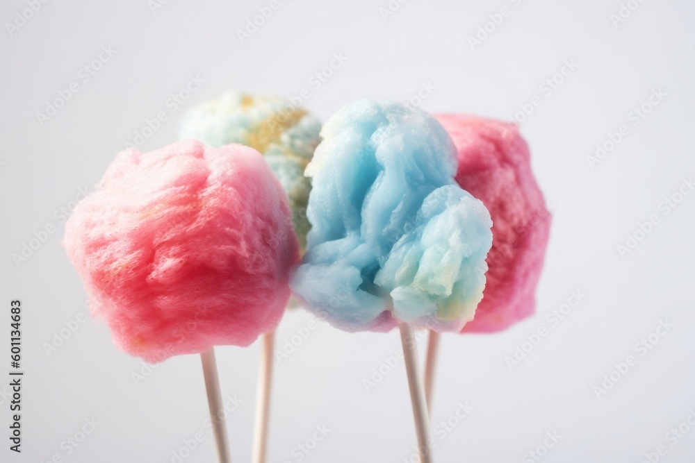 Wall mural colorful cotton candies on a stick on white background generative ai