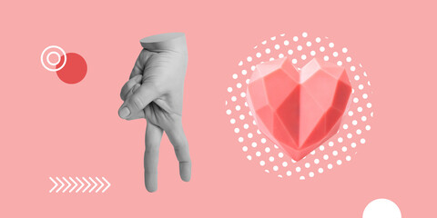 Dating, the search for relationships, love and affection. A hand walking to the heart. Minimalistic...