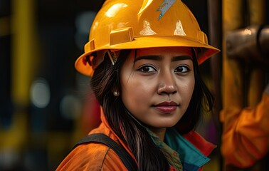 Young, attractive, and empowered female engineer with orange safety vest. Generative AI