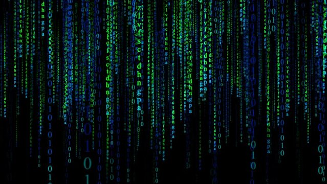 Hi-tech digital matrix code falling for hacker films, programming courses, and cybersecurity awareness campaigns. Seamless binary code rain loop in 4K resolution.