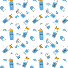 Seamless pattern Doodle water bottle and drops, water balance. Vector illustration. Reusable container for liquids. 