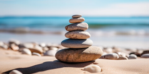 Stacked zen stones sand background art of balance.