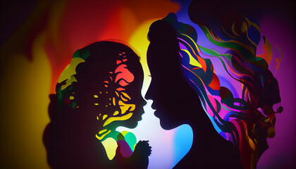 Obraz na płótnie Canvas Women and her child silhouette on vibrant colourful background. Single mother. Womens Day. Mothers Day Concept. Happy Mother. Ai generated image