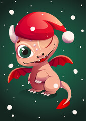 Vector cute dragon stands on its hind legs in a Christmas hat. A smiling toothy red dragon with wings rejoices at the approach of Christmas.