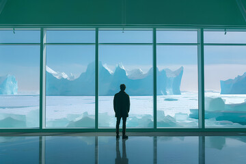 Fototapeta na wymiar Explorer looking at Icebergs from window,, Generative AI