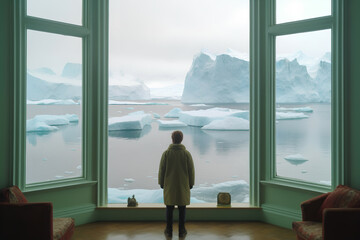 Explorer looking at Icebergs from window,, Generative AI
