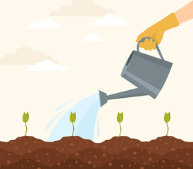 A hand in a yellow rubber glove watering seedlings from a watering can. Flat vector illustration