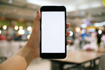 Women hands holding cell telephone blank copy space screen. smart phone with technology concept