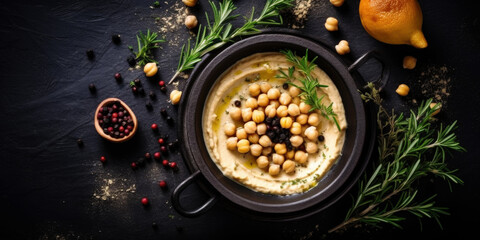 Naklejka na ściany i meble Hummus with chickpeas, olive oil, garlic and rosemary in a black stone plate, Generative ai