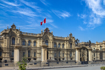 Lima, Peru, Government Palace on colonial Central plaza Mayor or Plaza de Armas in historic center.