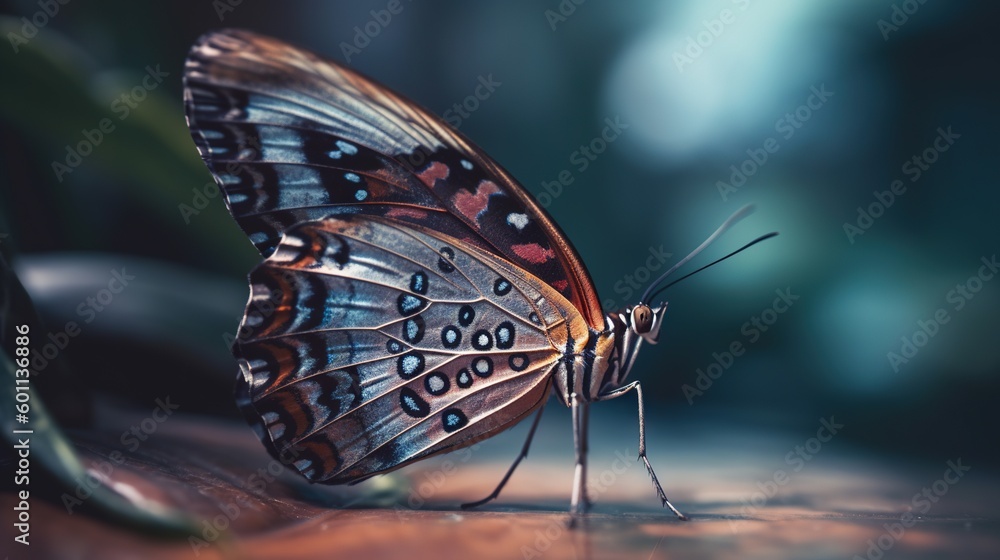 Poster a close up of a butterfly on a table with a blurry background. generative ai