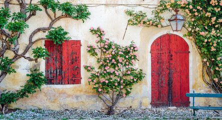 Sunlit old wall with red wooden door and balcony with roses and climbing plants.Texture - 601136817