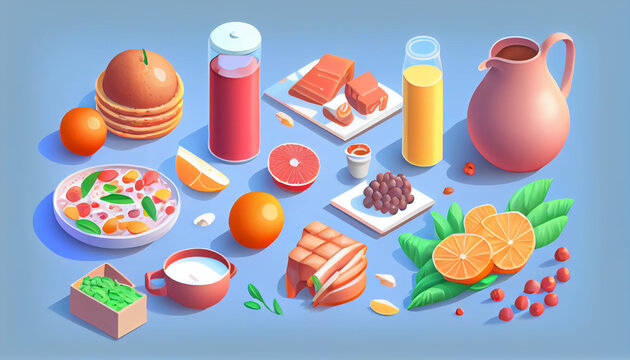 isometric Breakfast food and drinks background. Breakfast and kitchen equipment Cooking icons set. good morning concept, AI Generative, illustration