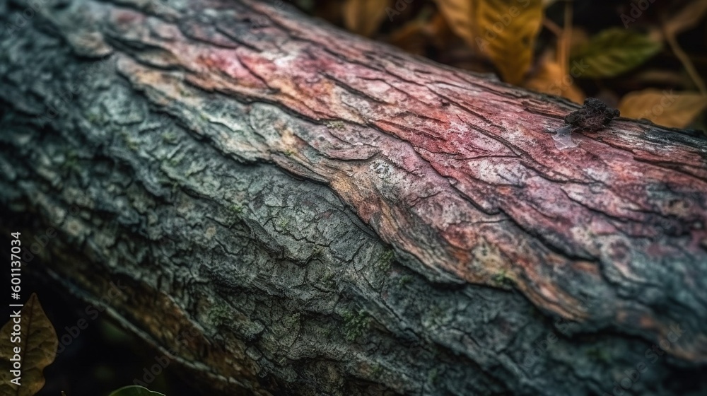 Aufkleber a close up of a tree trunk with red and green paint on it. generative ai