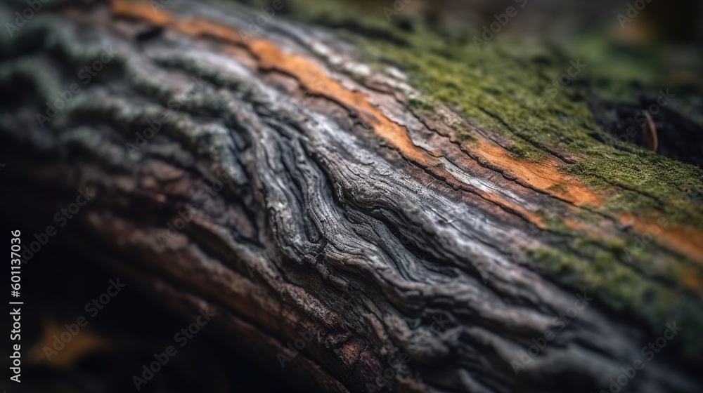 Poster a close up of a tree trunk with moss growing on it. generative ai