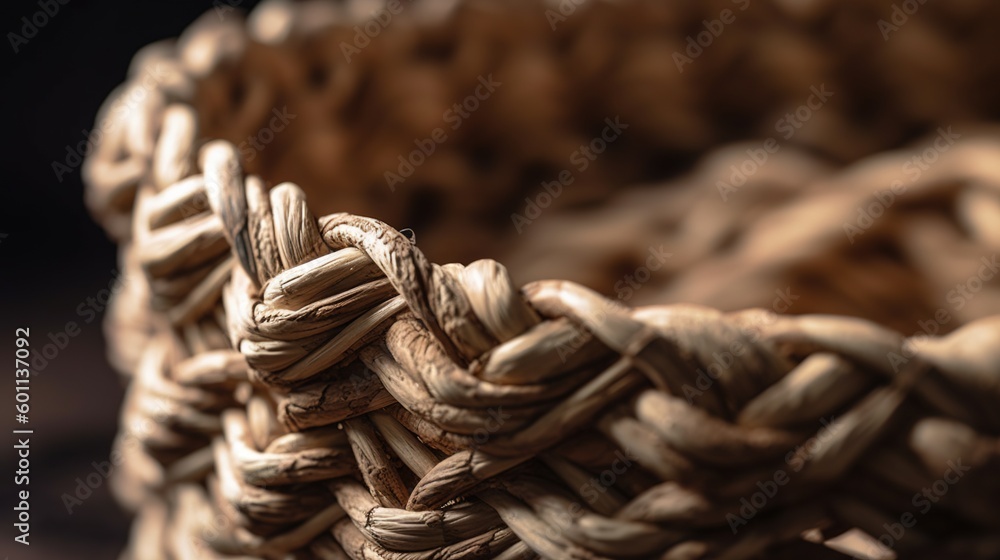 Poster a close up of a woven basket with a black background. generative ai