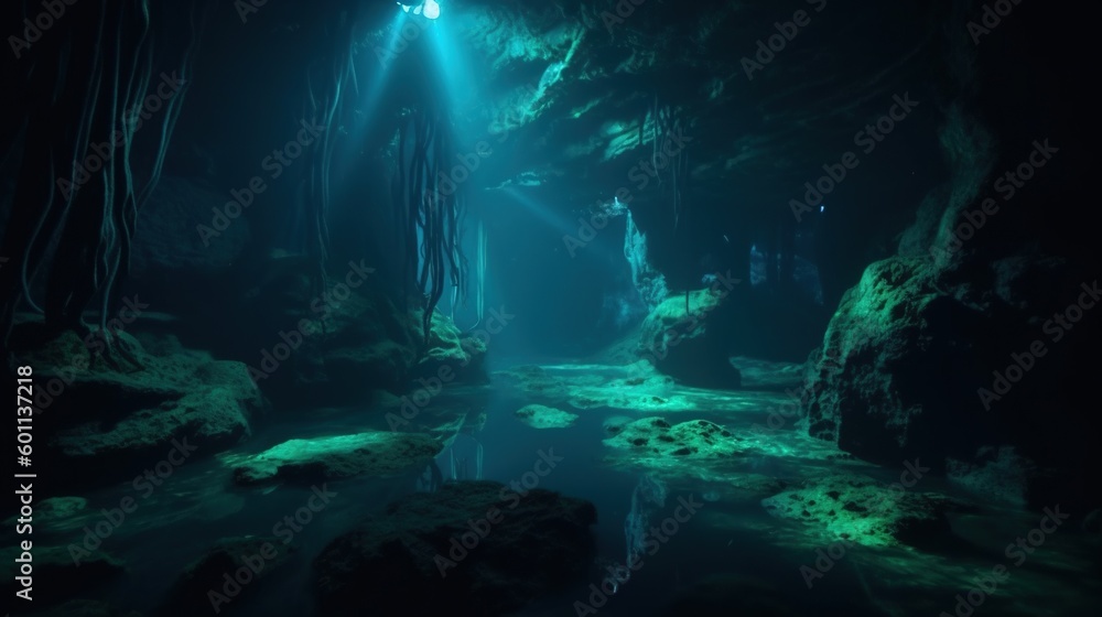 Poster a dark cave with a light shining in the middle of it. generative ai