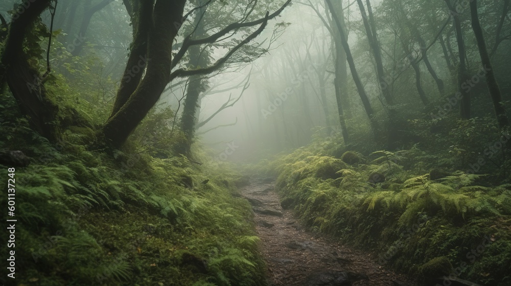Poster a path in a forest with lots of trees and ferns. generative ai