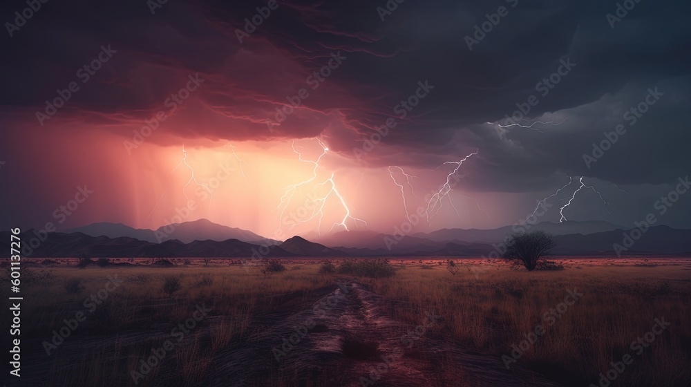 Wall mural a dirt road in a field under a cloudy sky with lightning. generative ai