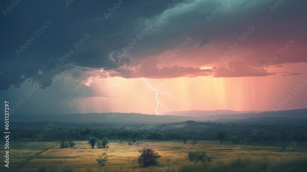 Poster a large storm is coming in over a grassy field with trees. generative ai