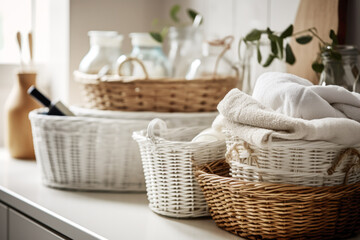 Fototapeta premium Wicker baskets with clean white towels on white counter top table with beautiful morning sunlight