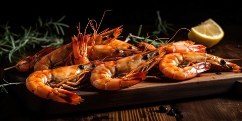 Juicy Shrimps on Rustic Wooden Plank with Lemon and Greens. Dark Background Adds Appetizing Contrast. Generative ai
