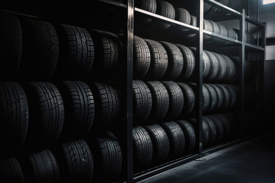 Tires of various makes and models are organized on a shelf in an auto store, awaiting installation on cars and trucks. This impressive display is brought to you by AI Generative technology.