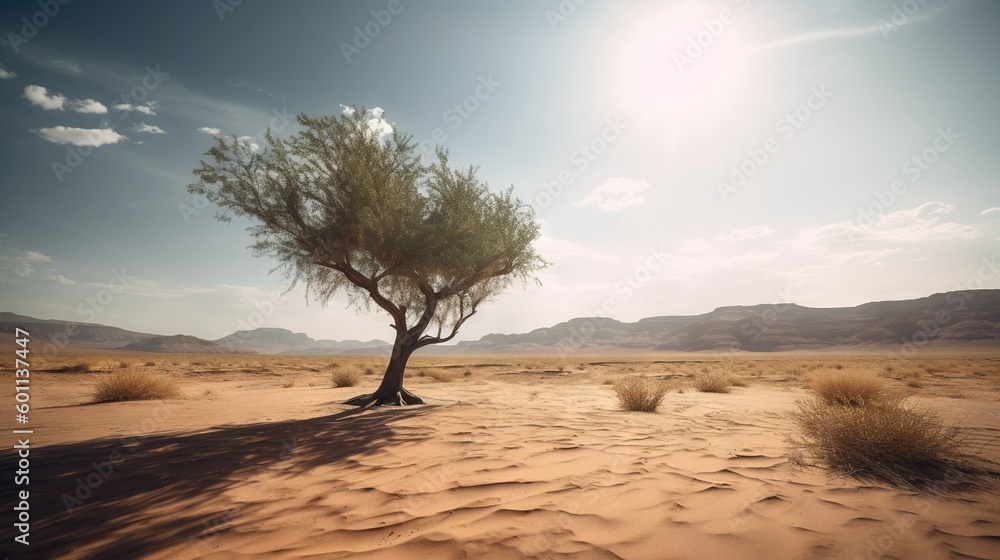 Poster a lone tree in the middle of a desert with mountains in the background. generative ai