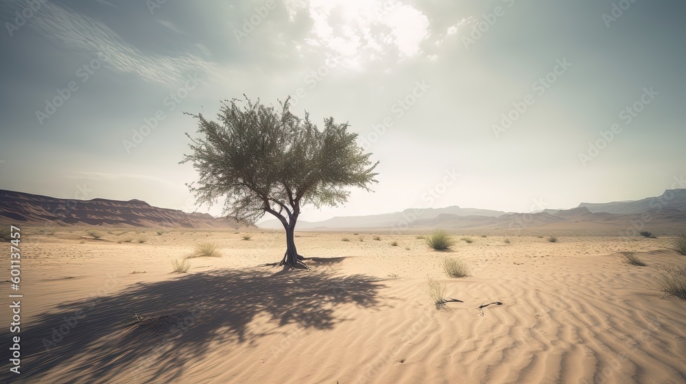Poster a lone tree in the middle of a desert with mountains in the background. generative ai