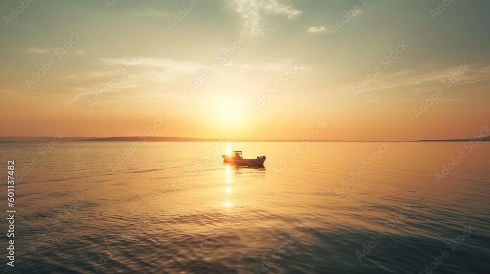 Poster a small boat floating on top of a large body of water. generative ai