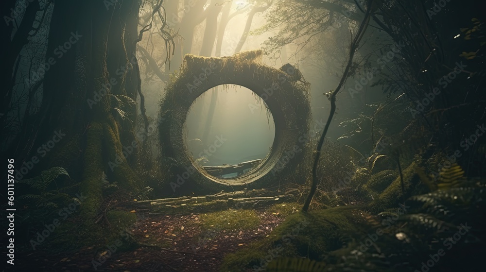 Poster a tunnel in the middle of a forest filled with trees. generative ai