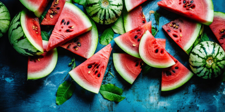 Slices of fresh watermelon on a blue background. Generative AI