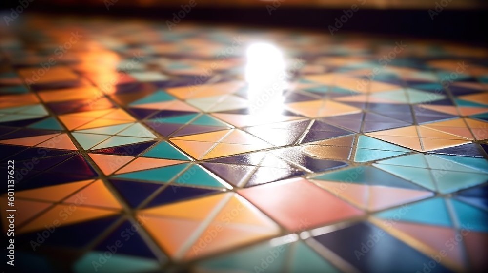 Poster a close up of a colorful tile floor with a light shining on it. generative ai