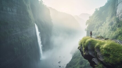  a person standing on a cliff overlooking a waterfall in the mountains.  generative ai