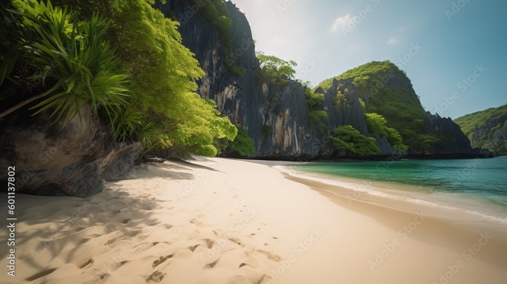 Aufkleber a sandy beach with a cliff in the background and a clear blue ocean. generative ai