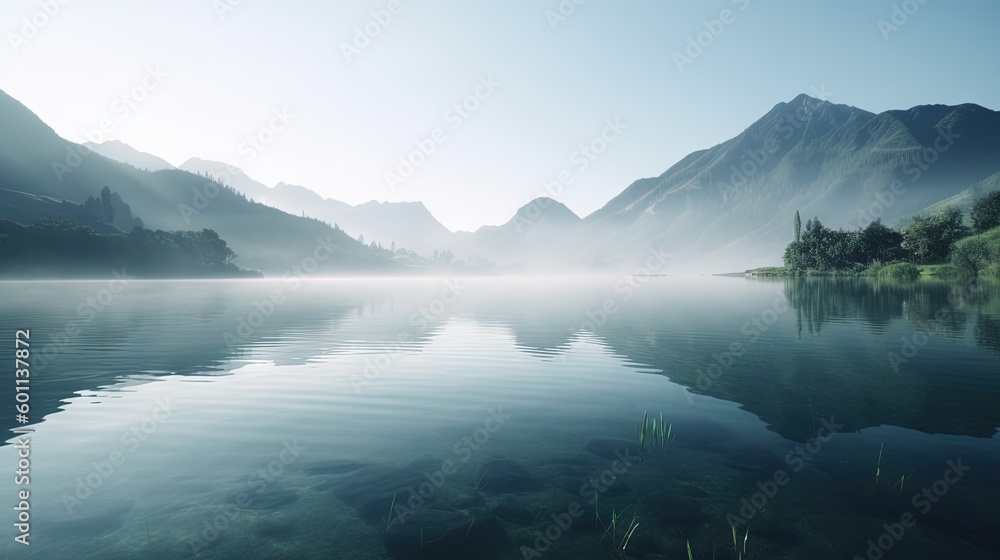 Poster a misty lake with mountains in the background