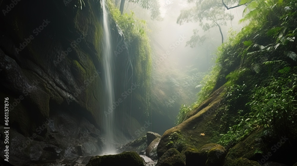 Poster a small waterfall in the middle of a forest filled with trees. generative ai