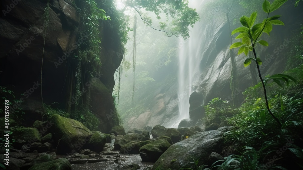 Aufkleber a waterfall in the middle of a jungle with rocks and trees. generative ai
