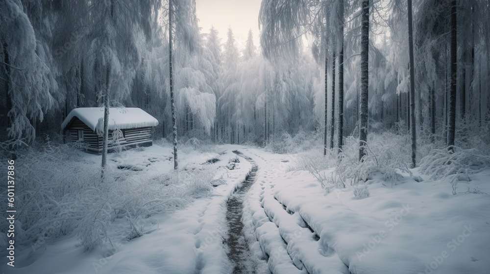 Poster a path through a snowy forest with a cabin in the distance. generative ai