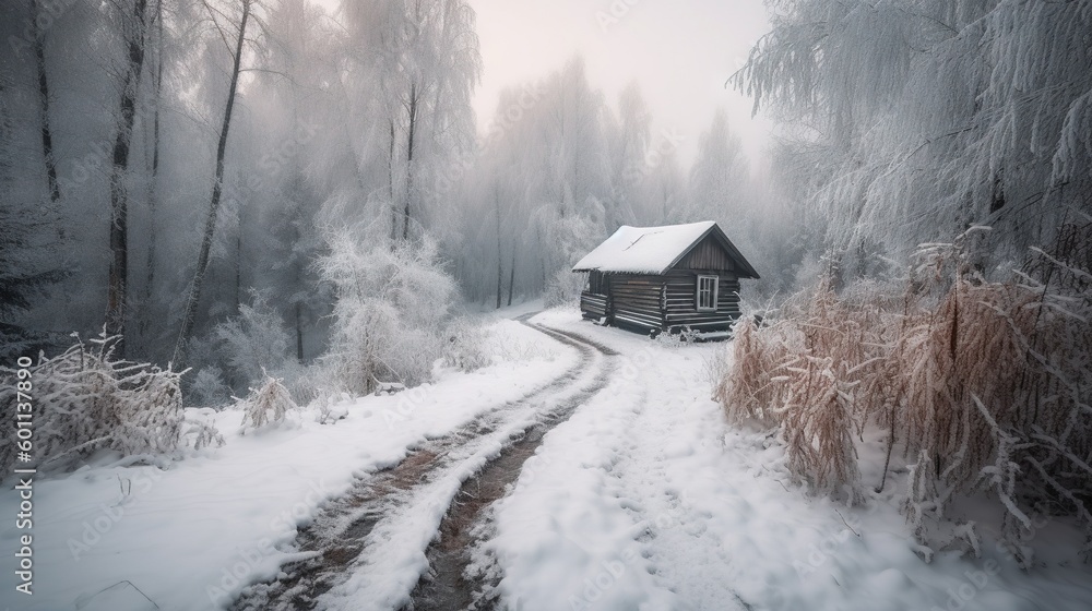 Aufkleber a cabin in the middle of a snowy forest with a path leading to it. generative ai