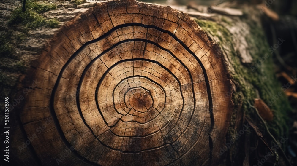 Poster a close up of a tree stump with moss growing on it. generative ai