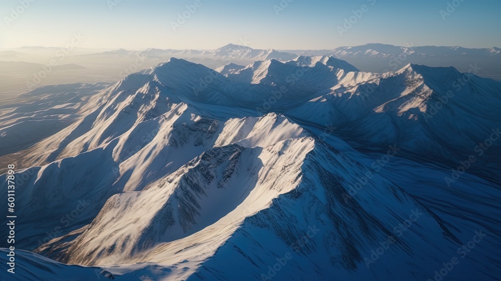Poster an aerial view of a mountain range with snow on it. generative ai