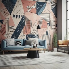 Cozy living room with red sofa in Scandinavian style modern interior design. Generative Ai